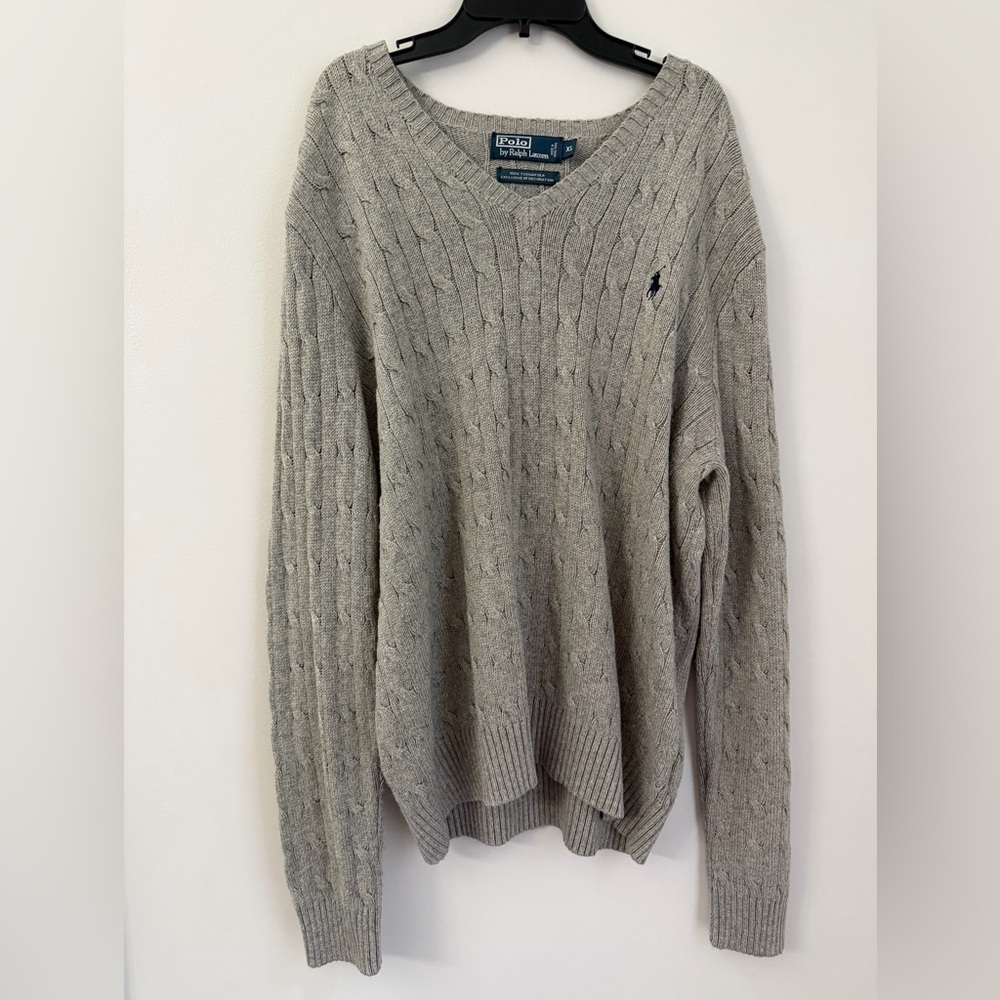 Polo Ralph Lauren Men’s XL Cable Knit V-Neck Sweater 100% Tussah Silk Gray A912